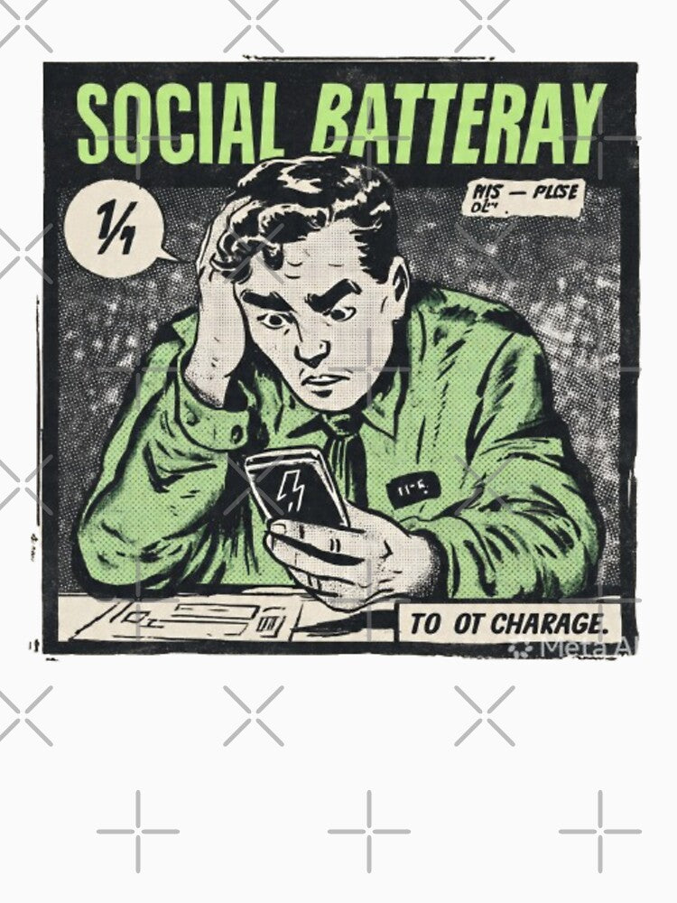 Social Battery At 1% Please Do Not Recharge Retro Comic T-Shirt by Dream Weave Studio