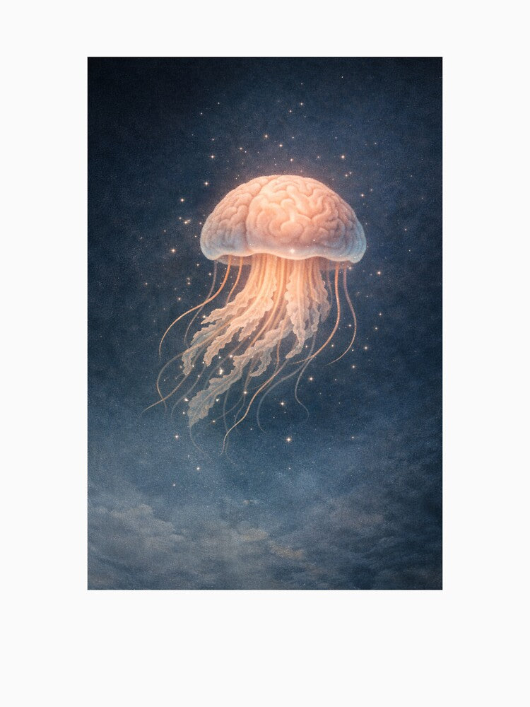 Floating Thoughts – Brain Jellyfish Surreal Art by InkWanderStudio
