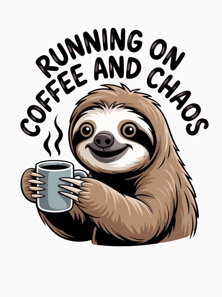 Running on Coffee and Chaos Sloth Mug Design by Design Delinquent