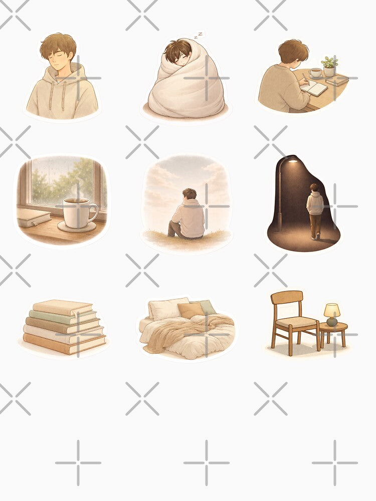 Cozy Introvert Boy Aesthetic Sticker – Rainy Window Hoodie Minimalist Art by Cana Creations