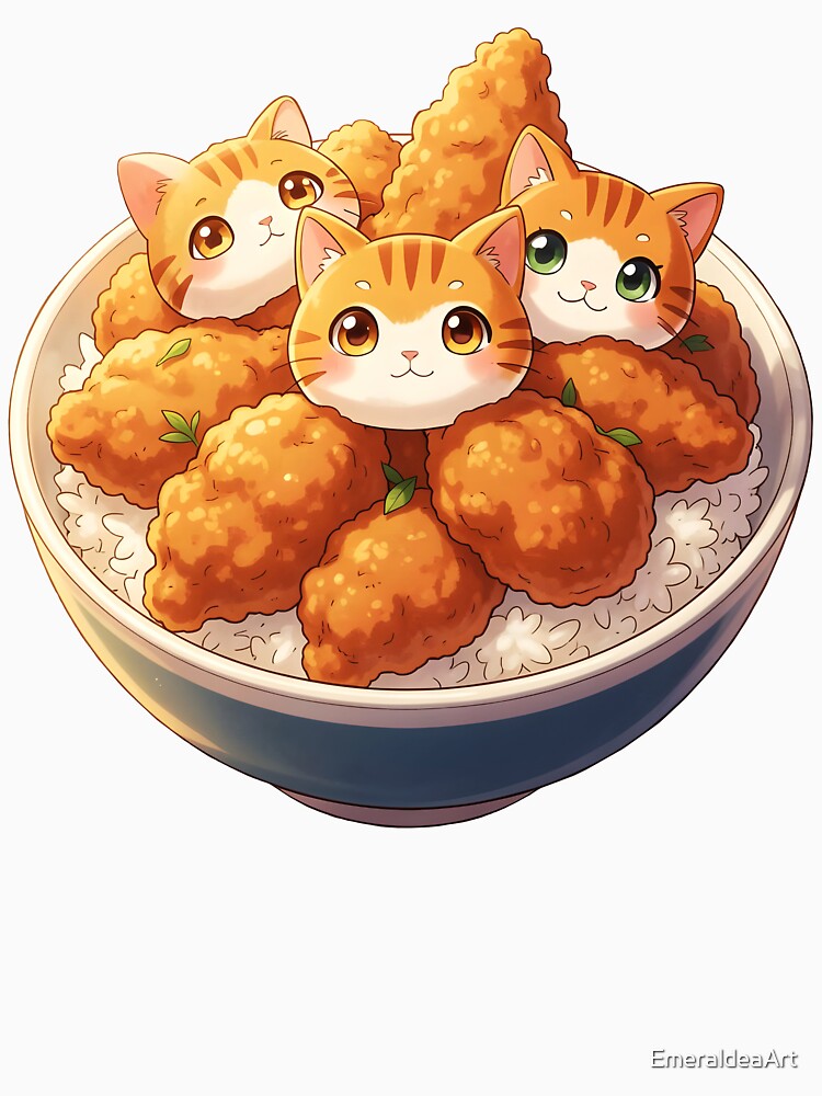 Orange Tabby Cat Head Dumplings in Fried Chicken Rice Bowl – Cute Kawaii Food Cutout by EmeraldeaArt