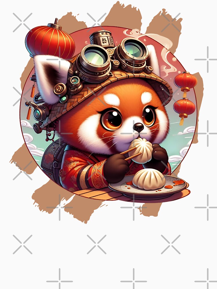 Cute Red Panda in Cheongsam Eating Dumplings by Dynke