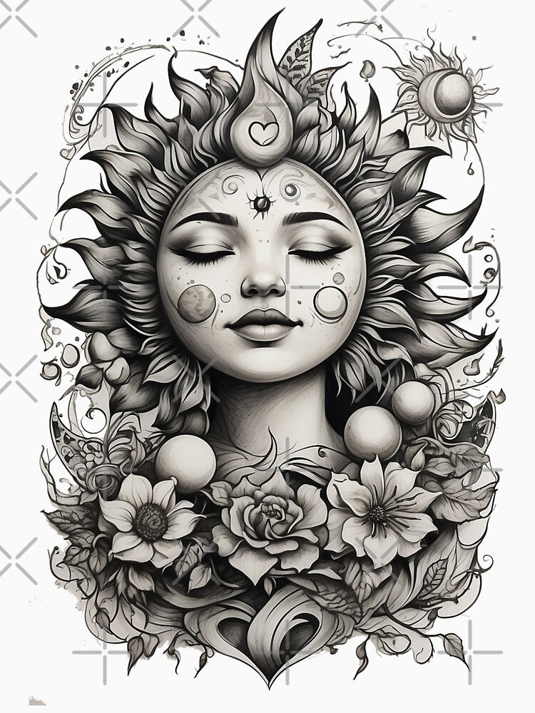 Blackwork Moon & Sun Tattoo – Smiling Celestial Hearts Illustration by HOODYBUDSTYLES