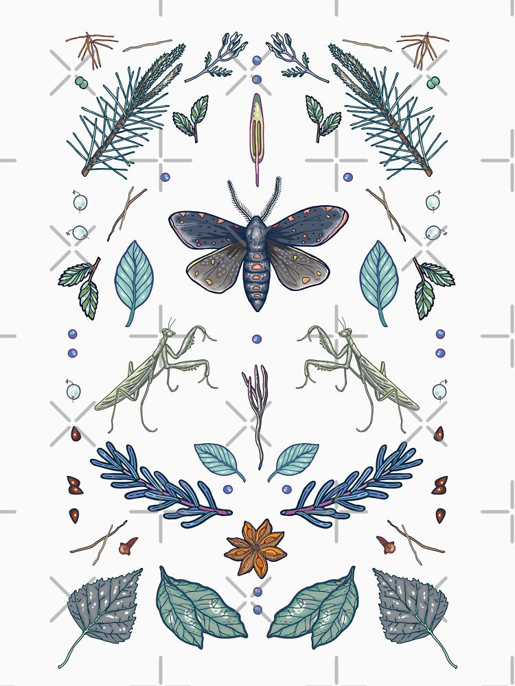 Moth & Praying Mantis Dark Botanical Art by smalldrawing