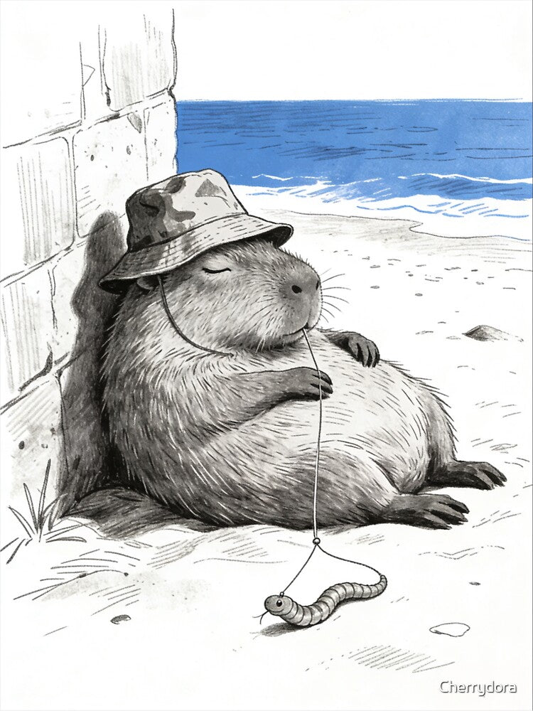Zen Capybara Beach Nap Sketch – Vintage Ink Drawing with Bucket Hat by Cherrydora