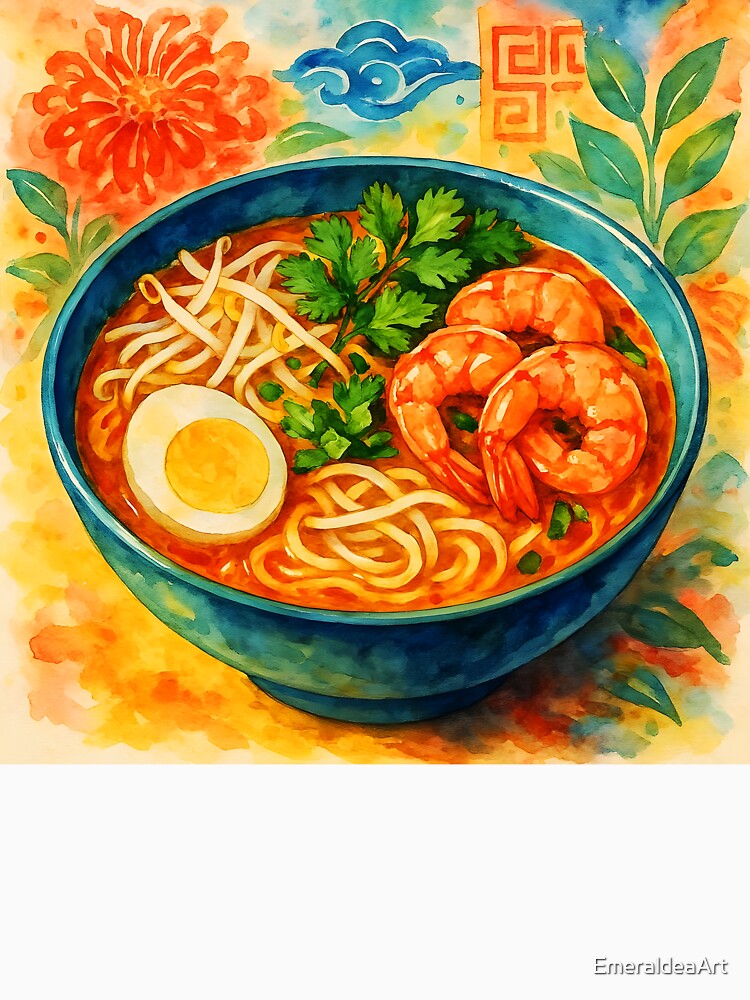 Watercolor Laksa Noodle Soup Illustration by EmeraldeaArt