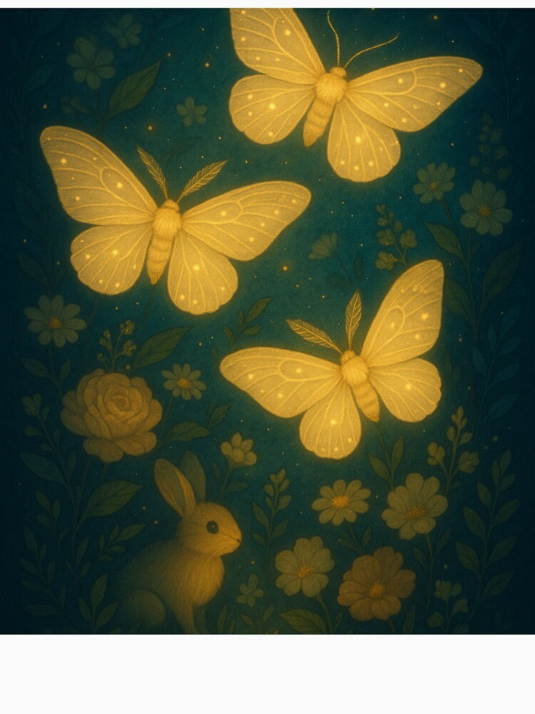 Glowing Moths and Forest Bunny – Whimsical Night Garden by Painted Moon by Luna Bee™