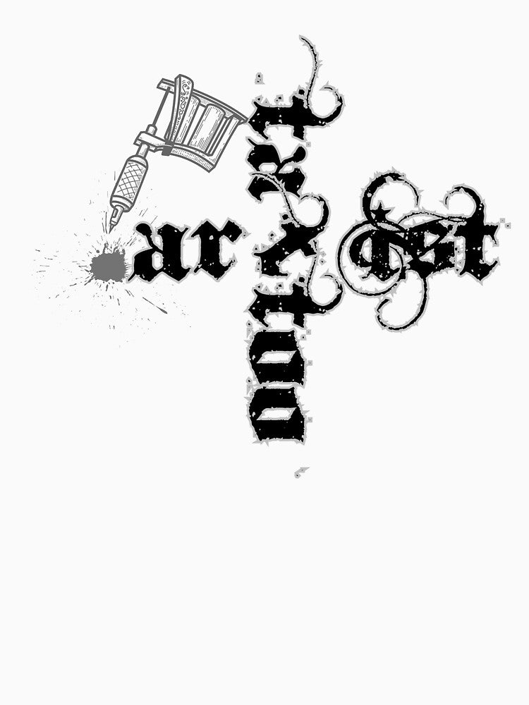 Tattoo artist: Phrases linked forming a cross with tattoo machine spitting ink in the background. by MonstersVariety