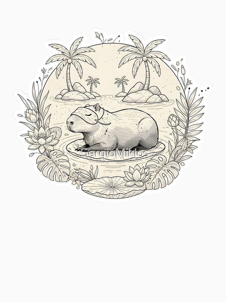 Chill Capybara Oasis Sticker | Zen Animal Lotus Pond Art | Black & White Tropical Relaxation by SergioMiklos