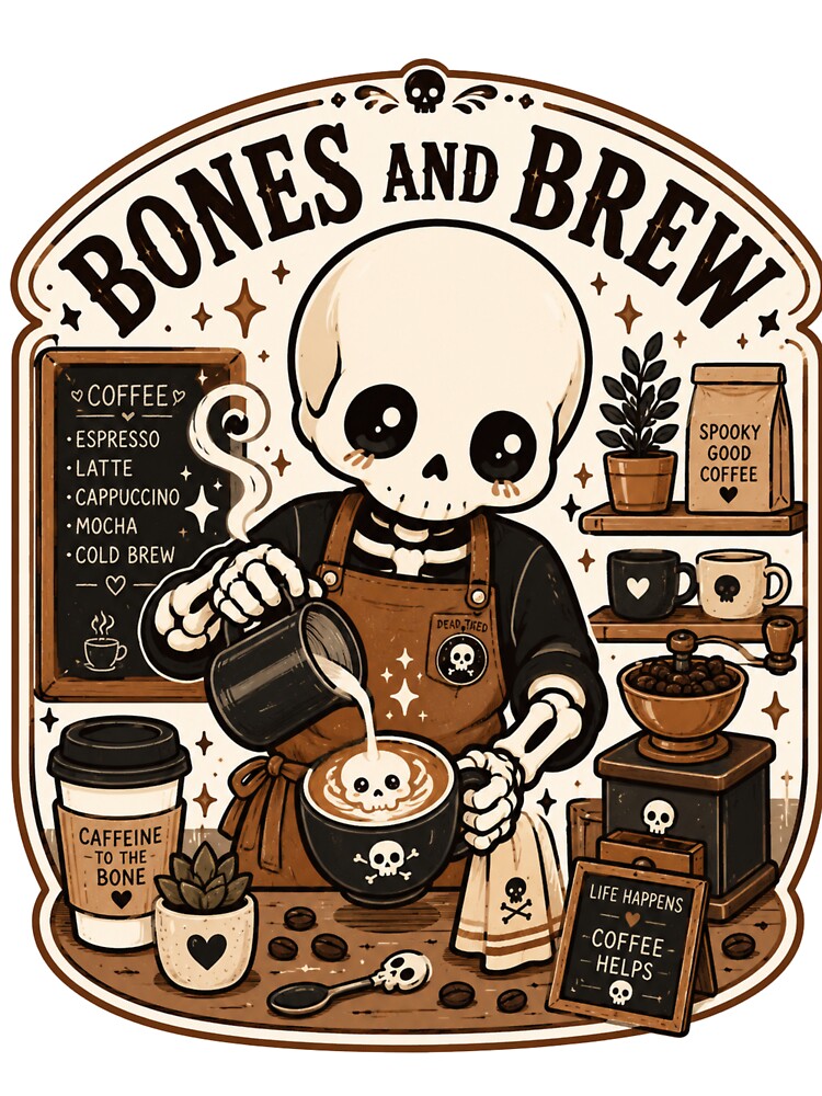 Cute Skeleton Barista Bones And Brew Funny Coffee Shirt — Caffeine To The Bone Kawaii Skull Coffee Lover Gift Tee by MaynyStudio
