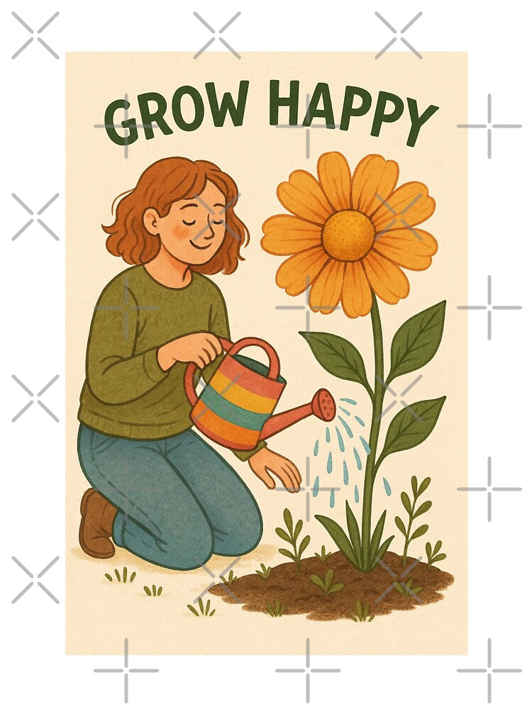 Grow Happy – Gardening Hobby Illustration Flower Plant Watering Plants by Annika Shurafa