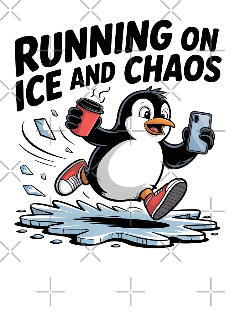 Running on Ice and Chaos – Funny Winter Penguin by Jollys-ArtShop