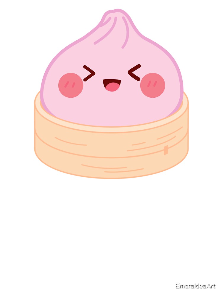 Pink squishy Dumpling in bamboo steamer basket by EmeraldeaArt