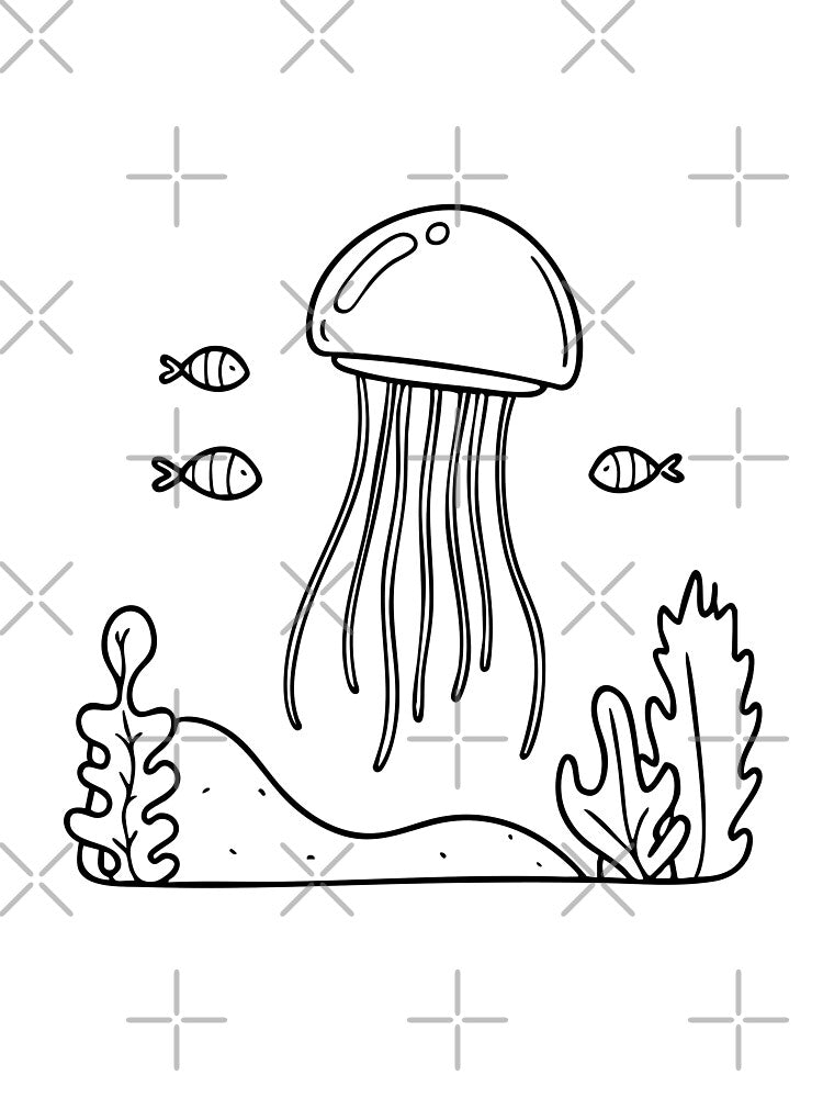 A jellyfish drifting near a coral reef, with small fish swimming around it by rasagamastore