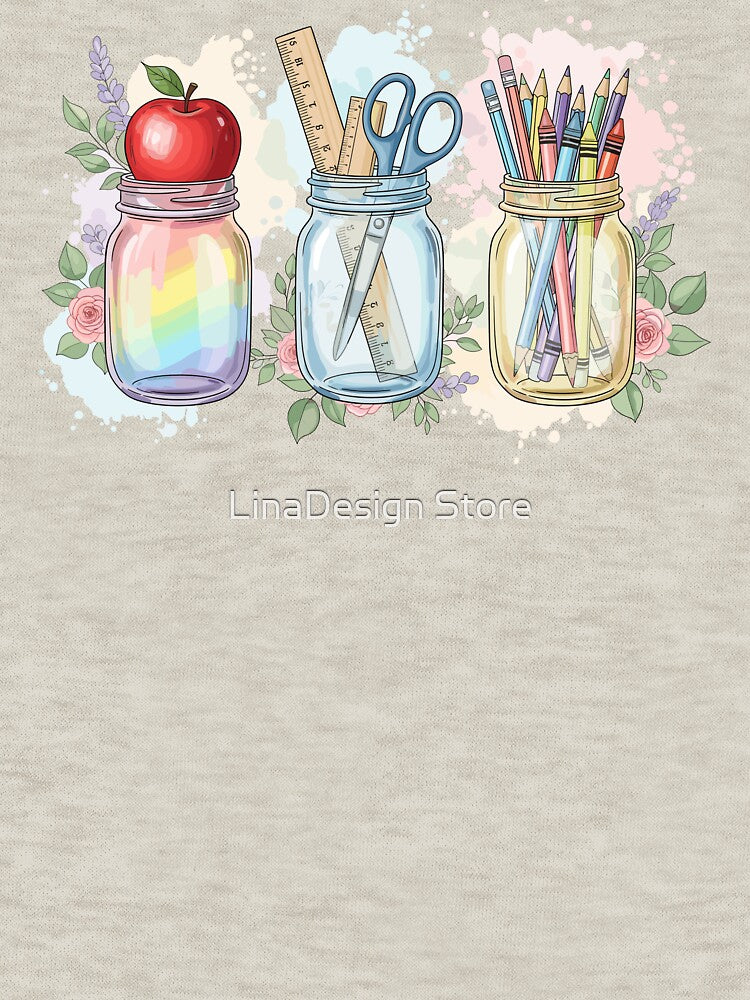 Teacher Mason Jar School Supplies Watercolor Illustration Back to School Design by LinaDesign Store
