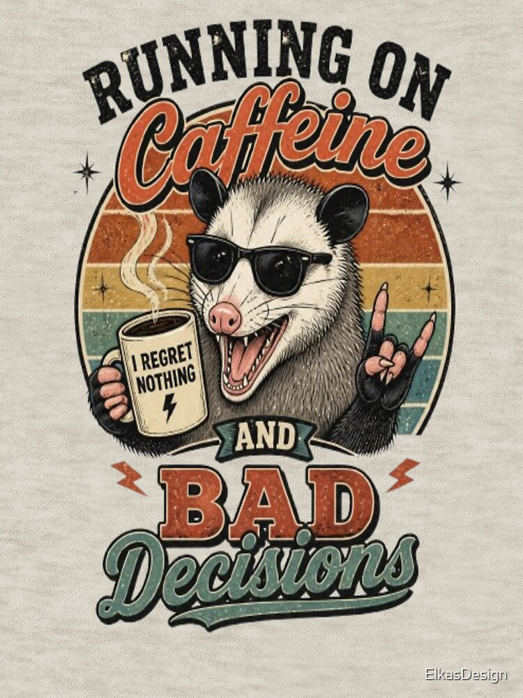 Running On Caffeine And Bad Decisions Funny Opossum Retro Sunset by ElkasDesign