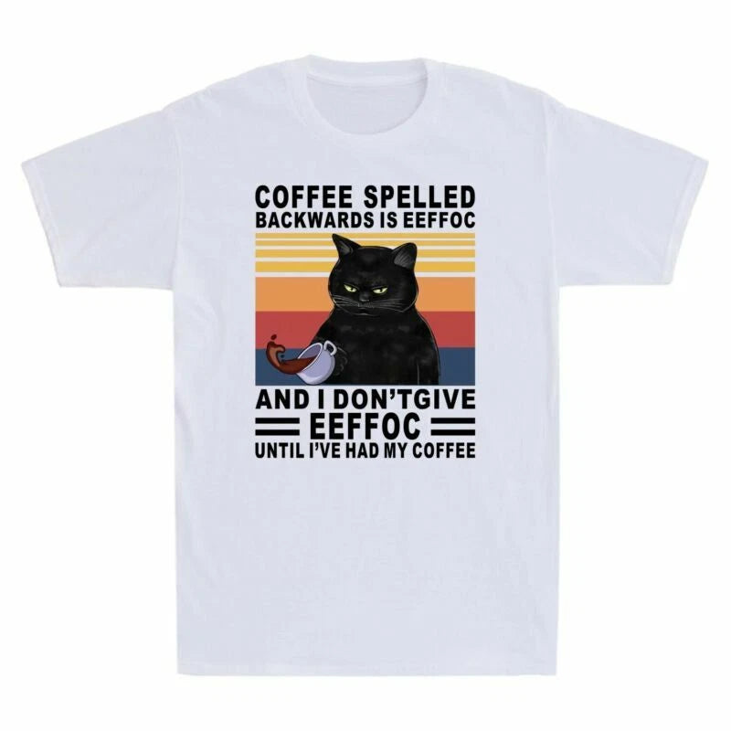 Black Cat Coffee Spelled Backwards Is Eeffoc Funny Cat Lovers Gift Men's T-Shirt
