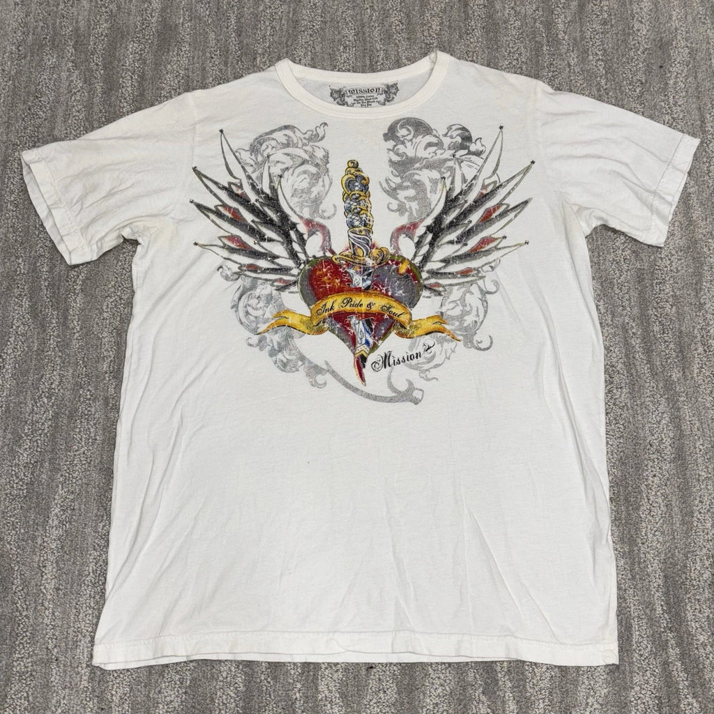Mission Y2K Graphic Short Sleeve T-Shirt Embellished Cotton Tattoo Men’s Sz L