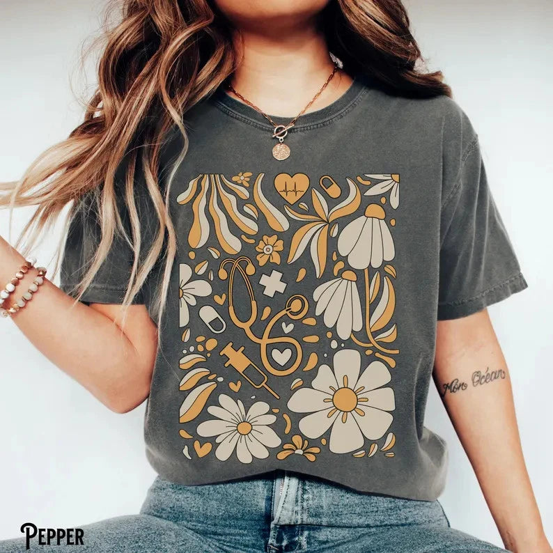 Floral Nurse Boho Comfort Tee