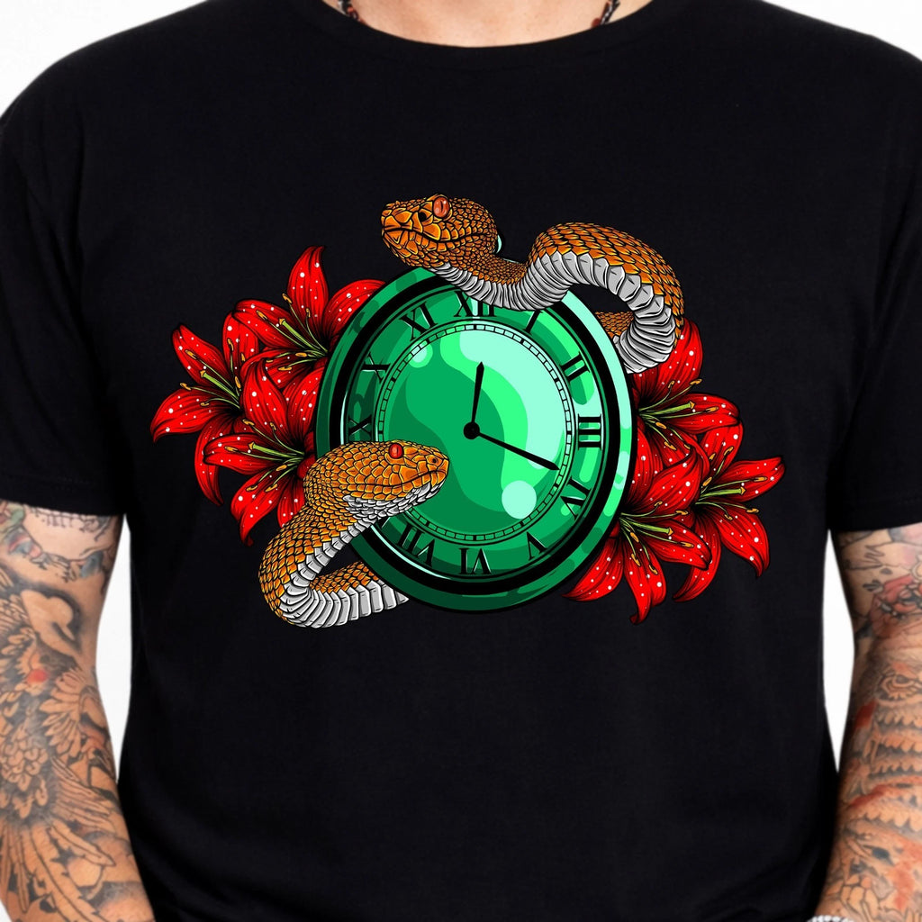 Tattoo Snake Clock Flowers T Shirt Gothic Vintage Rebel Biker Lover Gift Tee