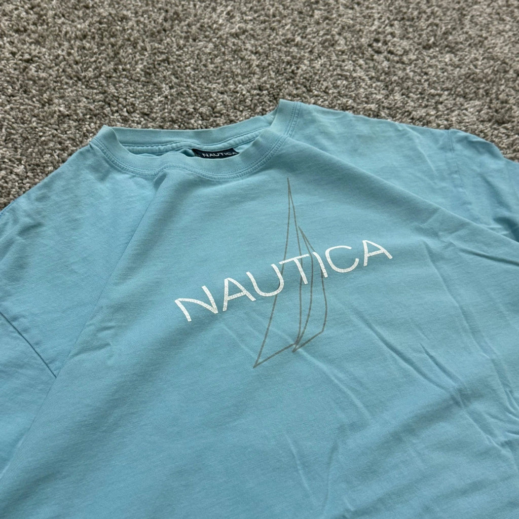 Y2K Nautica Surfwear T-Shirt Short Sleeve Light Blue Logo Graphic Top Mens L