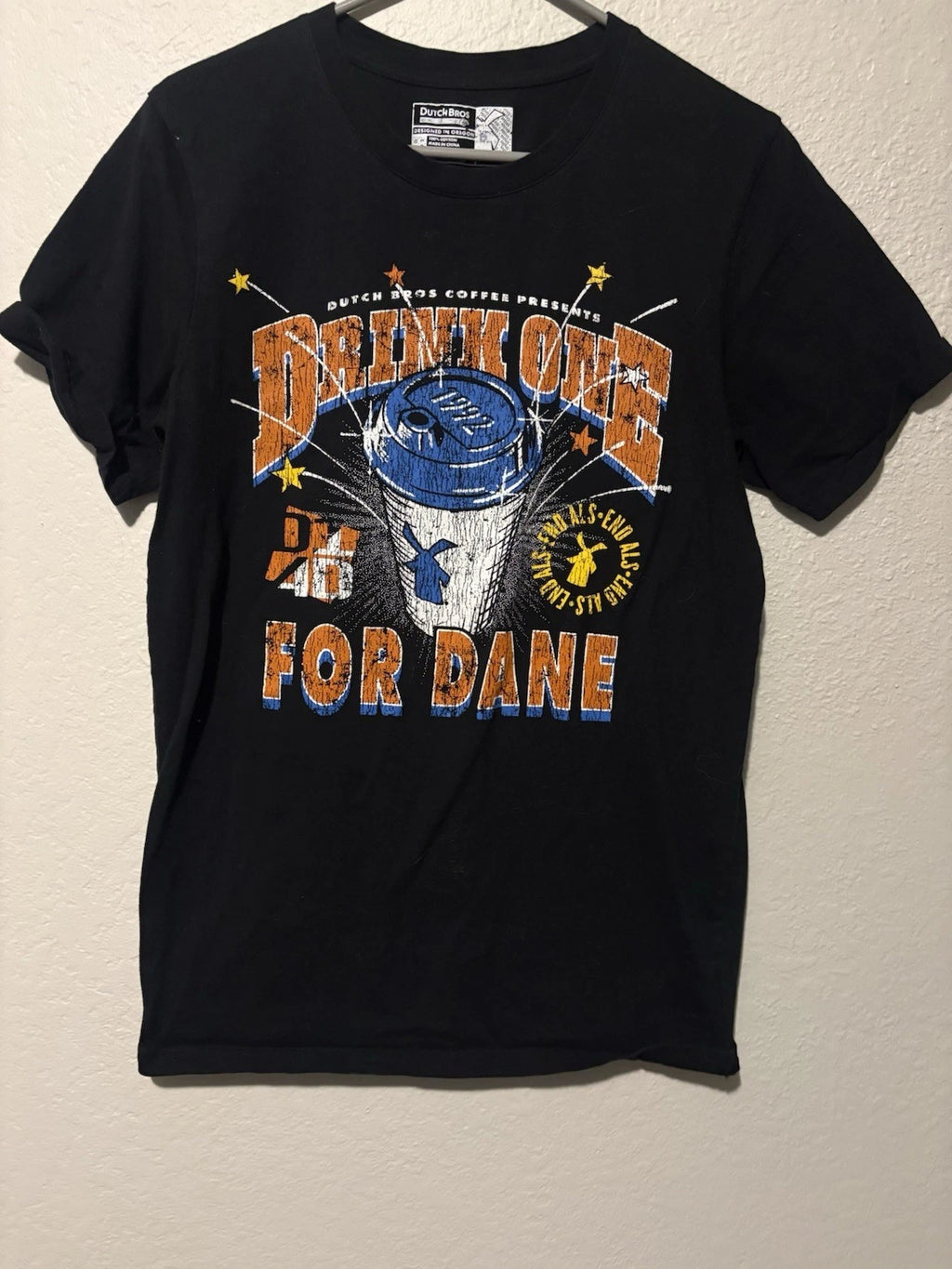 Dutch Bros Coffee Black Graphic Print Drink One For Dane Short Sleeve T-Shirt