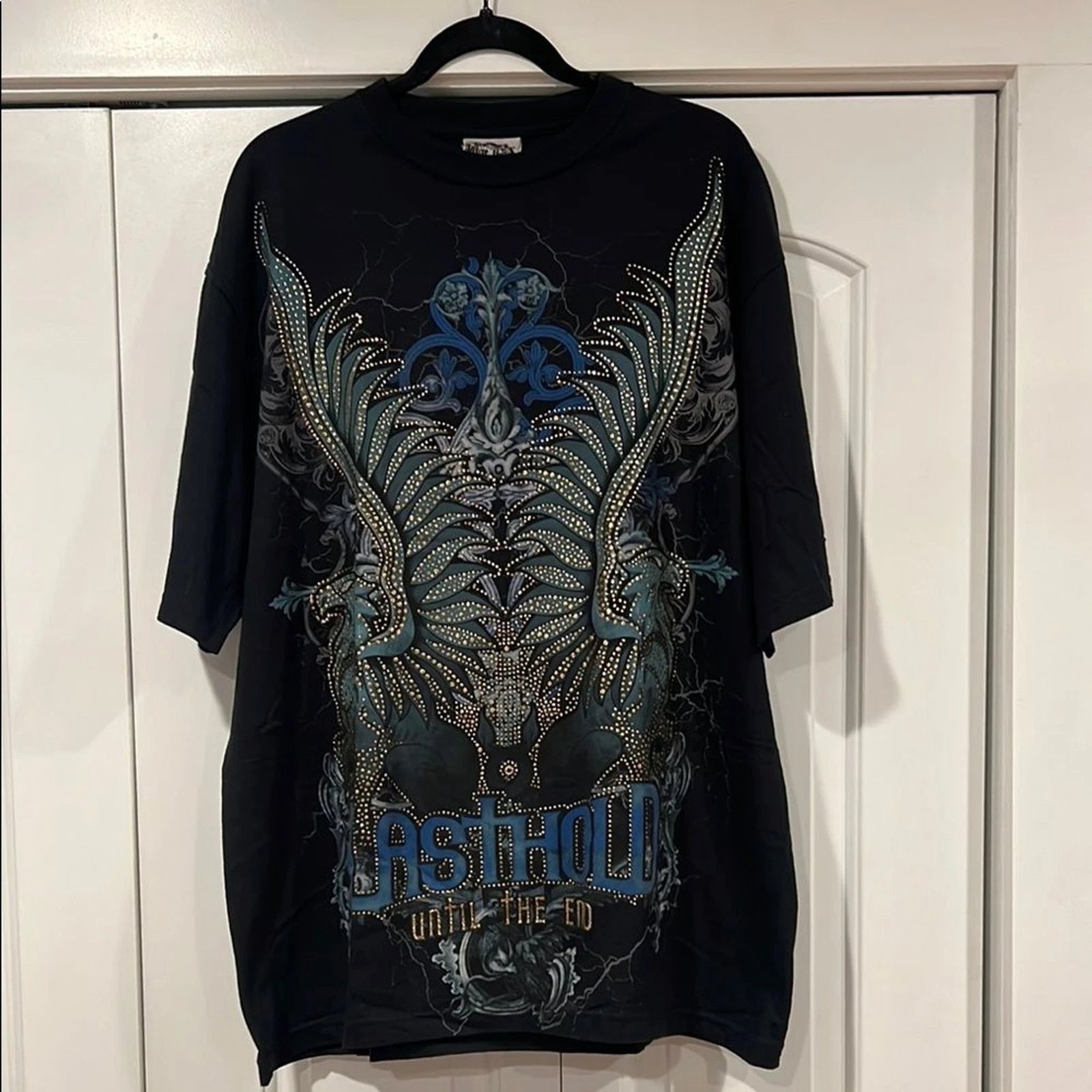 Last Hold Y2K Gothic Black and Blue Short Sleeve Tees with Intricate Designs 2XL