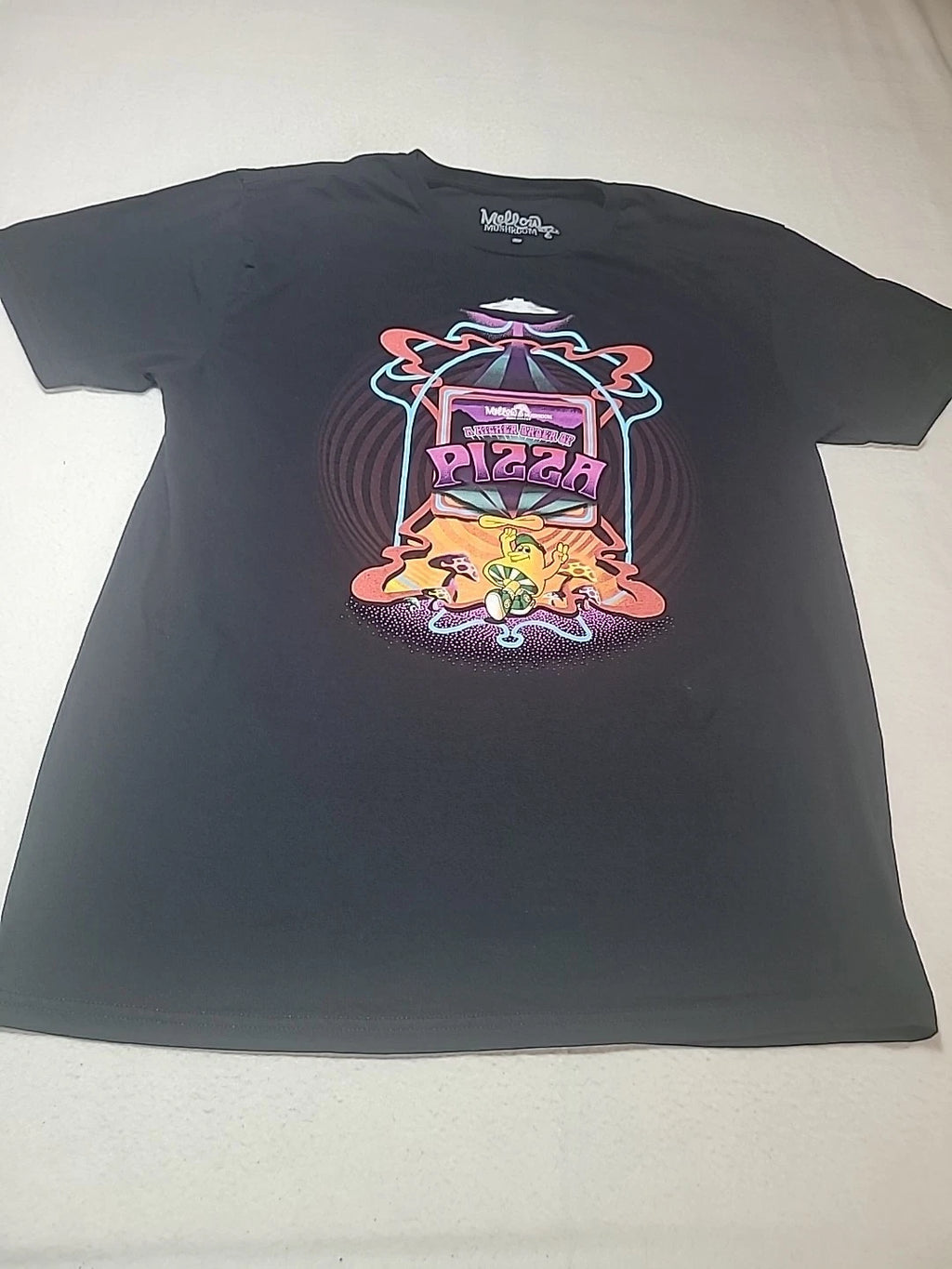 Mellow Mushroom Black T-Shirt Adult Large Art Graphic Higher Order of Pizza