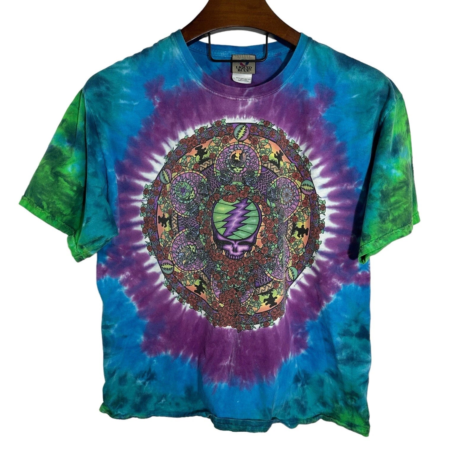 GRATEFUL DEAD Vintage Liquid Blue Tie Dye Short Sleeve Green Blue Purple Large