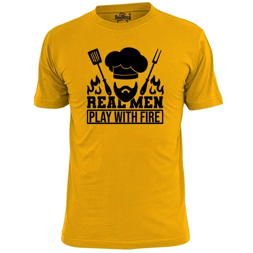 Mens Real Men Play With Fire BBQ T Shirt Cooking Chef