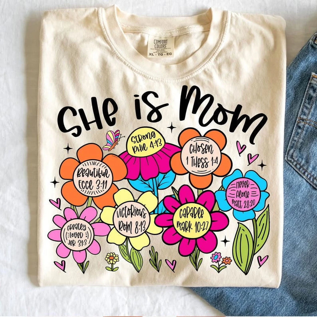 She is Mom Coquette T-shirt, Christian Mama Shirt, Boho Floral Mama Gift shirt