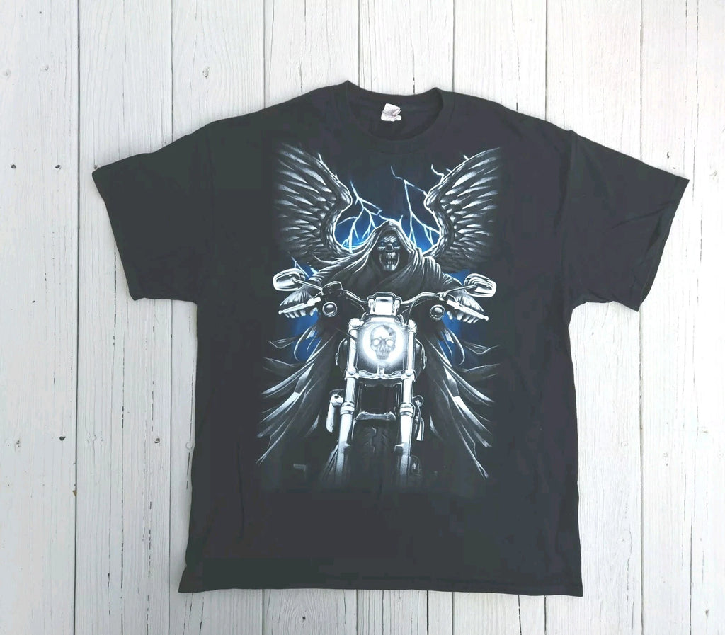 Cyber Y2K Shirt Mens XL Black Affliction Style Punk Goth Baggy Skull Biker