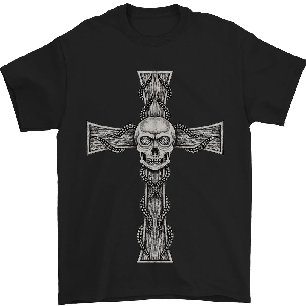 A Gothic Skull and Tentacles on a Cross Mens T-Shirt 100% Cotton