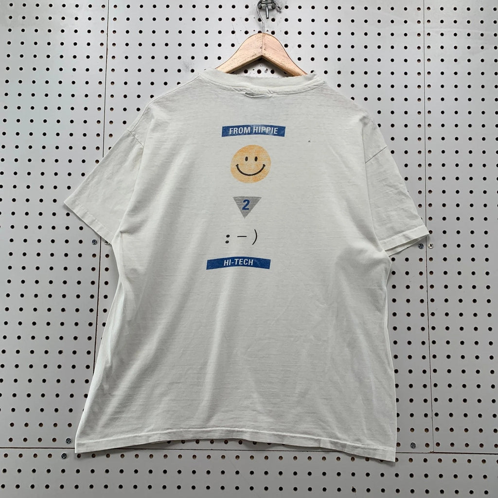 Vintage 90s Kinkos Smiley Face Shirt Mens L White Cyber Punk Hippie Hi Tech