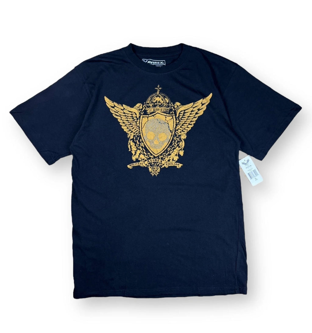 Deadstock Y2K Avirex Black Gold Foil Skull Wings Graphic T-Shirt