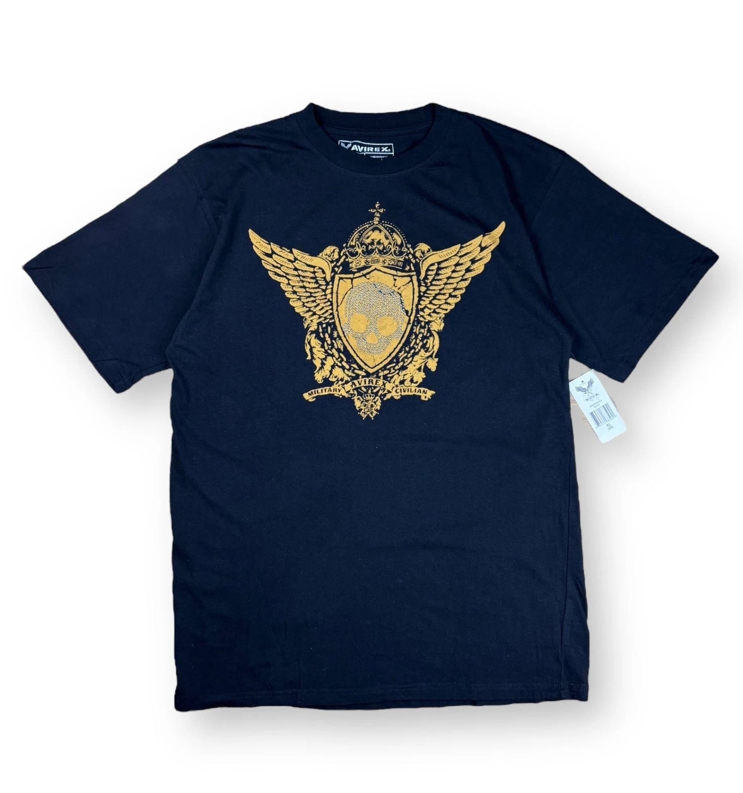 Deadstock Y2K Avirex Black Gold Foil Skull Wings Graphic T-Shirt