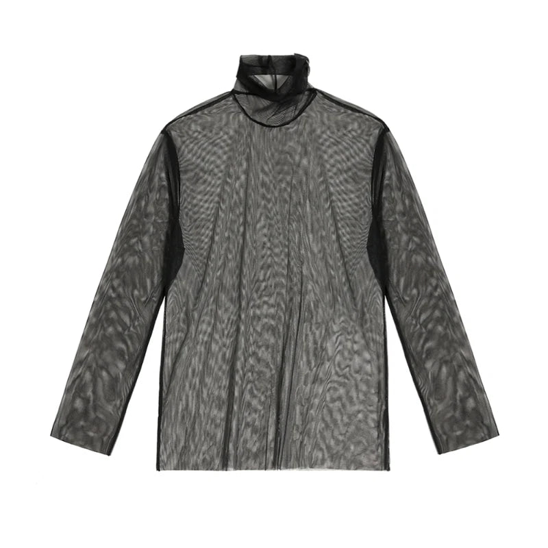 Men Mesh Sheer Top Long Sleeve T-shirt Turtle Neck Gothic Punk Club Hip Hop