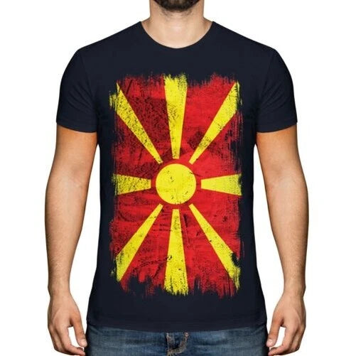 Mazedonien Grunge Flagge Herren T-Shirt Makedonija Fußball Mazedonische Hemd