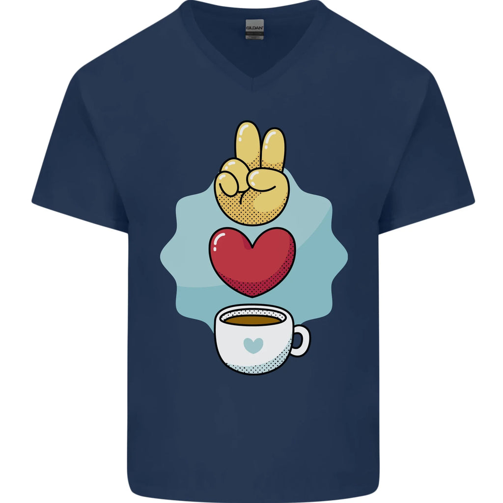 Peace Love Coffee Mens V-Neck Cotton T-Shirt