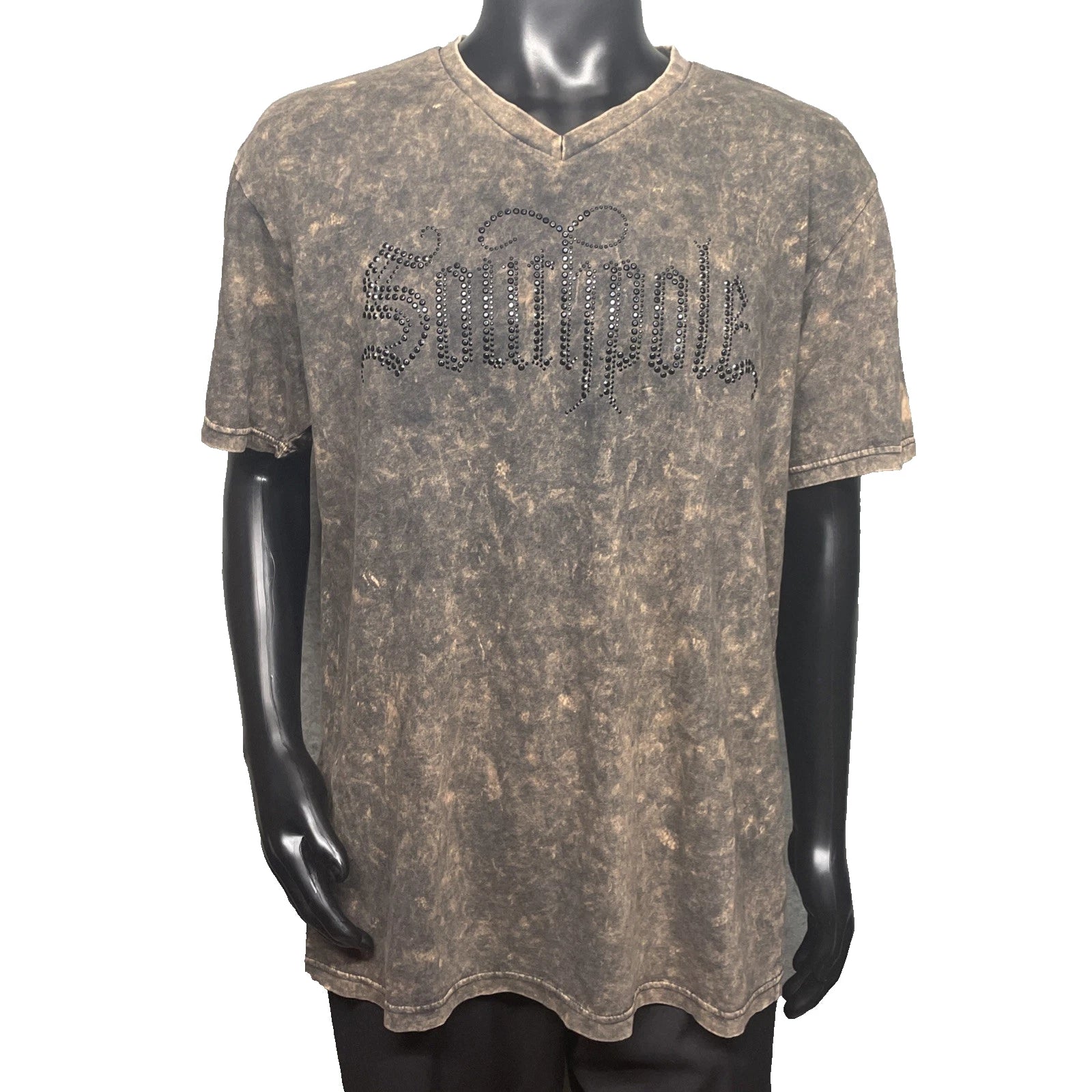 Southpole Y2K Spellout Brown Acid Wash T-shirt Mens XXL Black Rhinestones V-neck