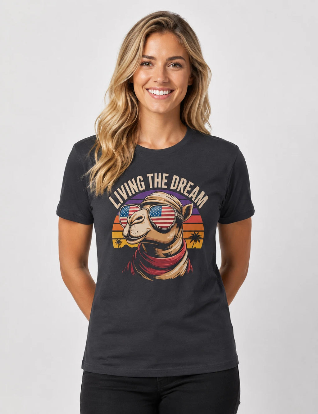 Living the Dream Camel T-Shirt USA Flag Retro Sunset Funny Patriotic Tee Men