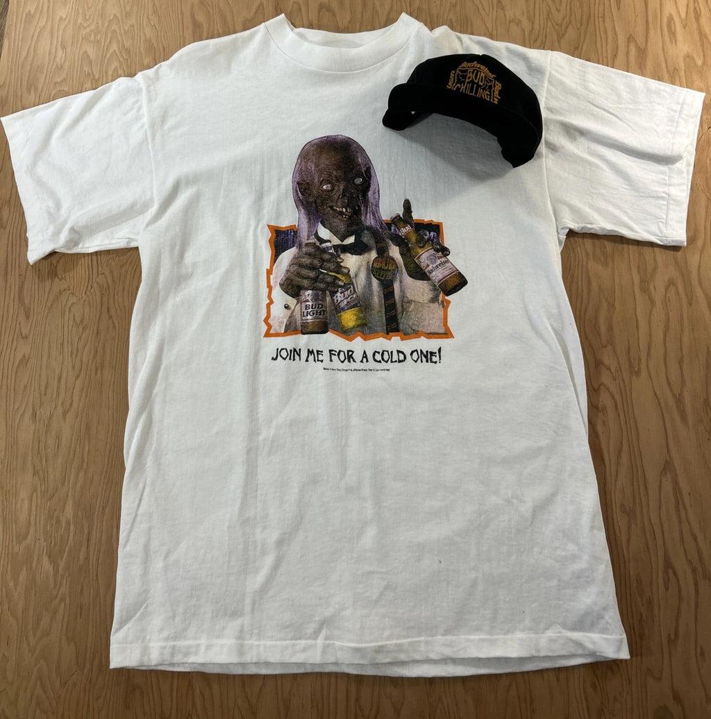 VTG 90s Tales From The Crypt Bud Horror Shirt Large Cryptkeeper and Matching Hat