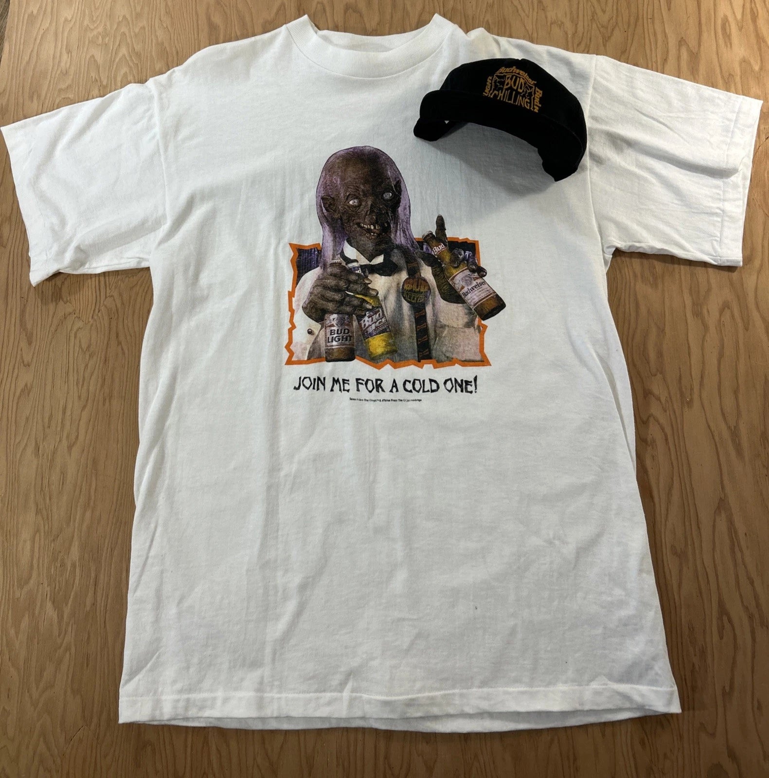 VTG 90s Tales From The Crypt Bud Horror Shirt Large Cryptkeeper and Matching Hat