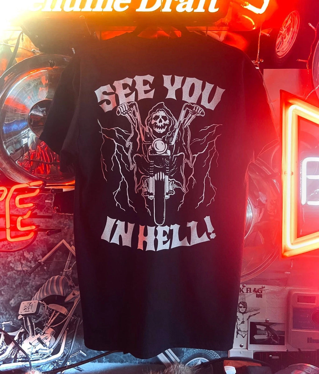 SEE YOU IN HELL grim reaper motorcycle shirt outlaw biker chopper vintage punk