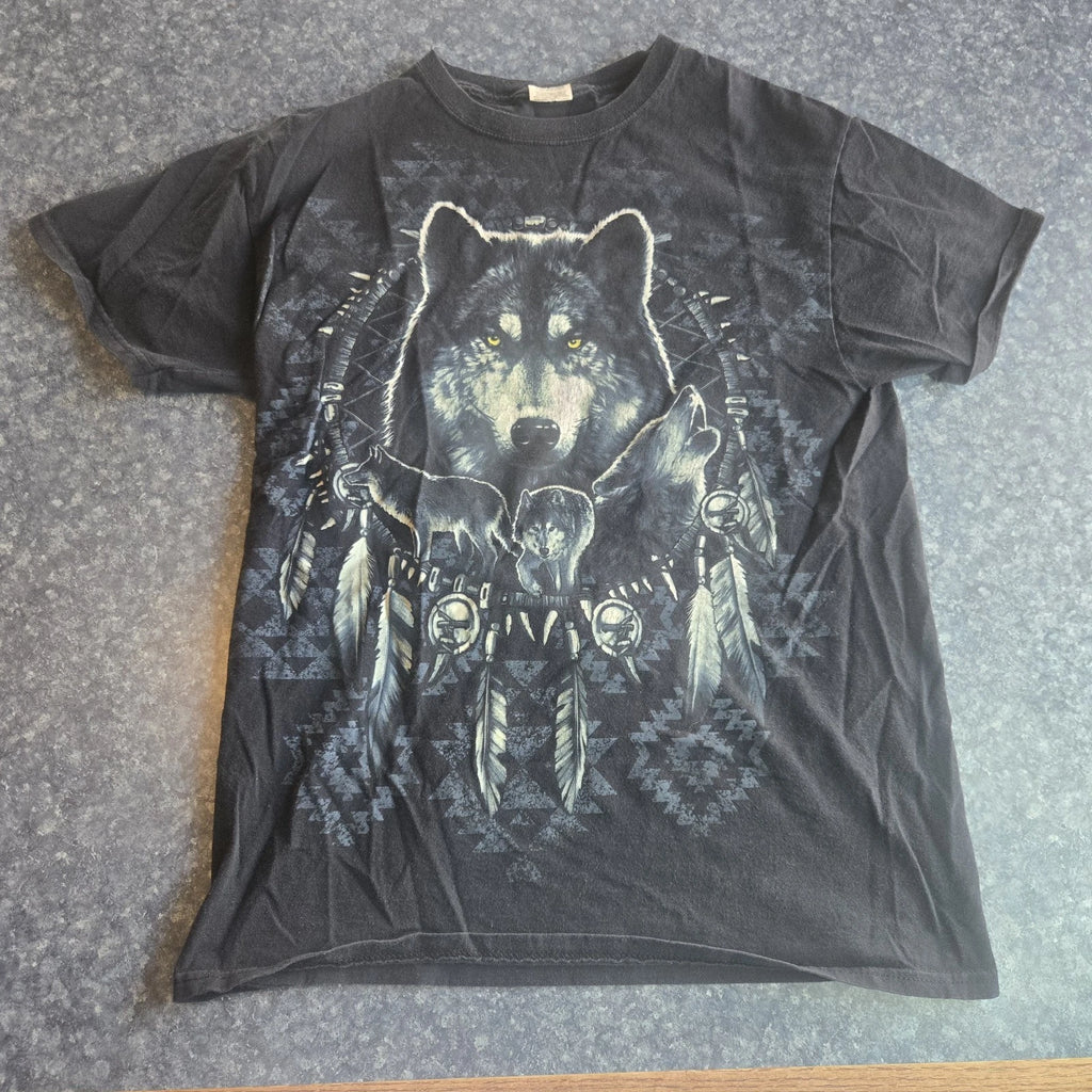 Vintage Y2K Native American Western Graphic Wolf T-shirt Size Medium Black