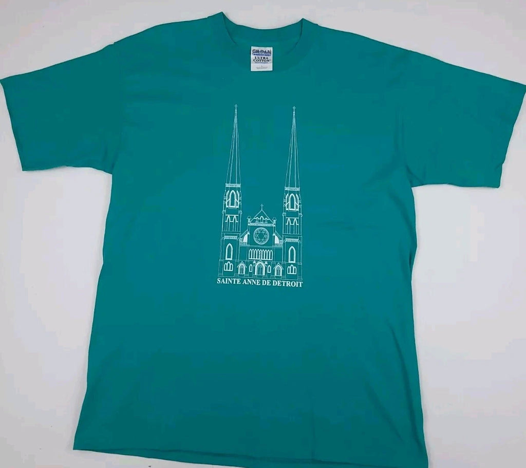 Vintage Saint Anne De Detroit Church Print T Shirt Vtg Y2k USA Michigan Teal L