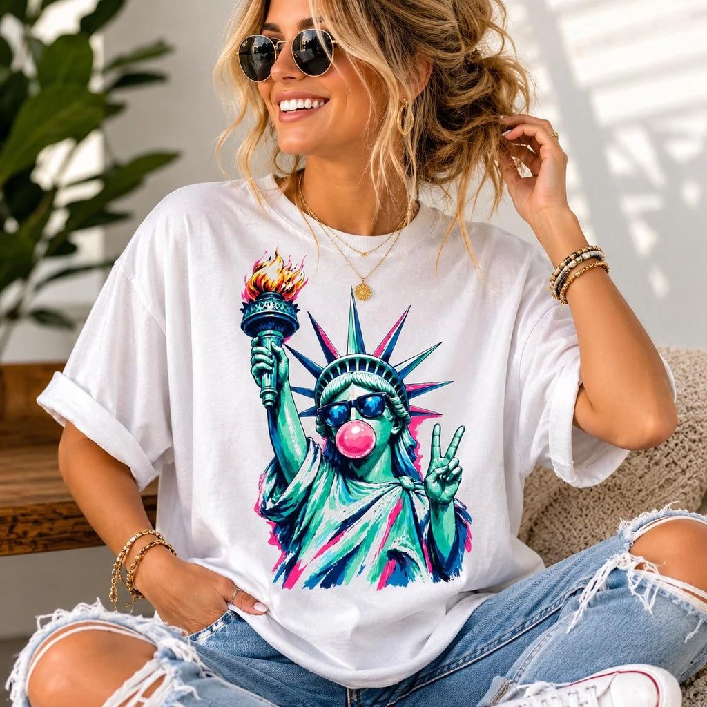 Fourth of July Shirt, Statue of Liberty Bubblegum Pop Art Tee, Trendy Retro
