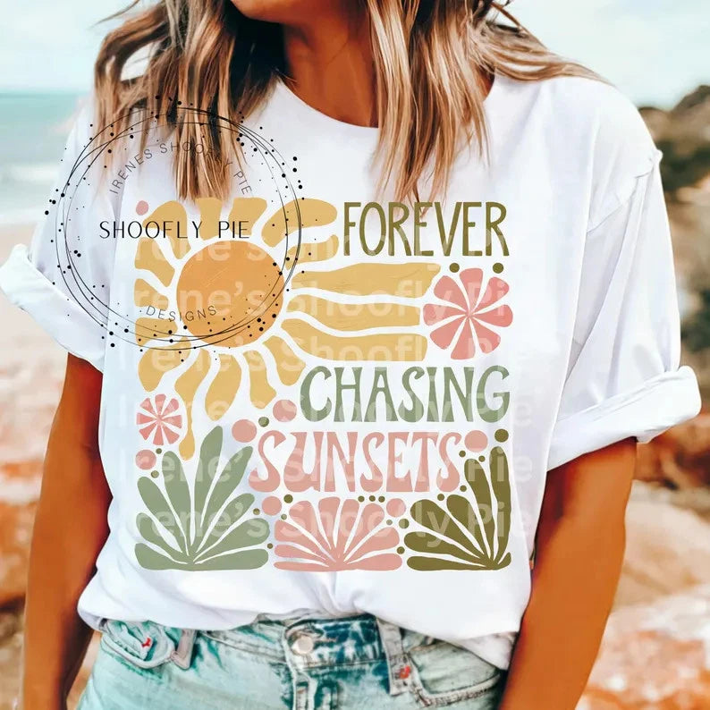Forever Chasing Sunsets Comfort Tee Boho Floral Beach Summer Shirt