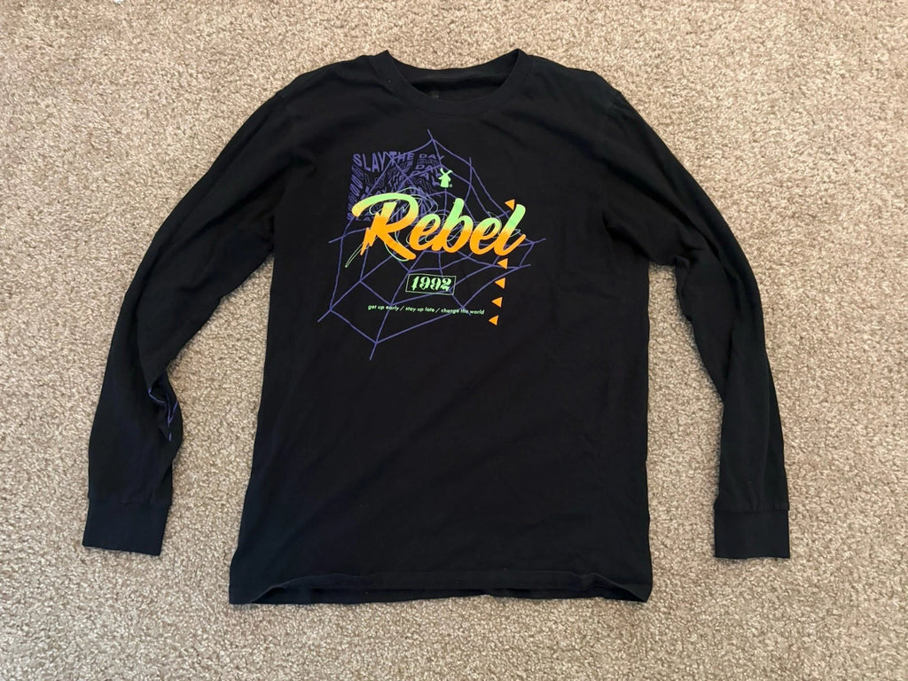 Dutch Bros Rebel Shirt Men’s Large Black Long Sleeve Halloween 1992 Spider Web