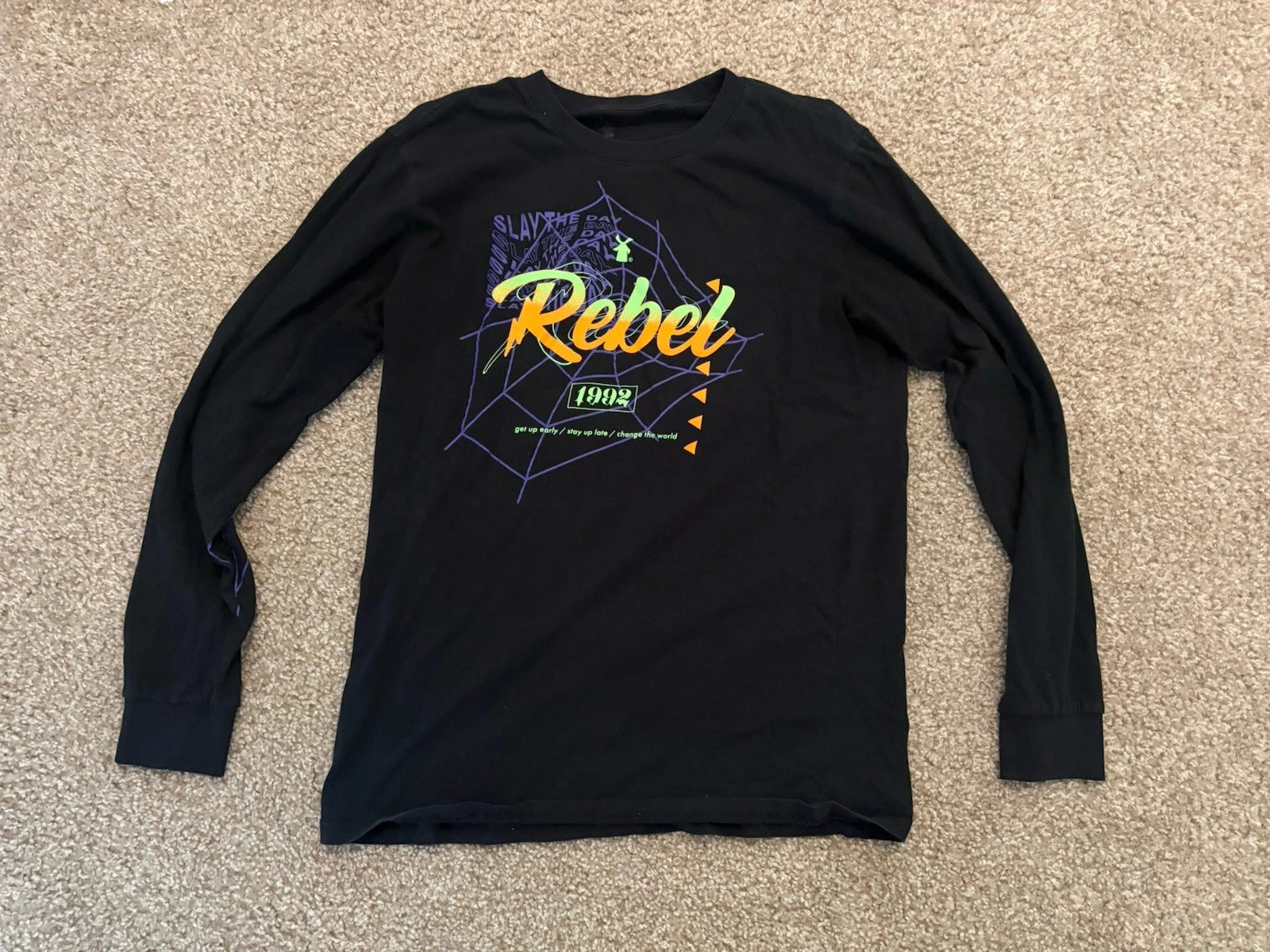 Dutch Bros Rebel Shirt Men’s Large Black Long Sleeve Halloween 1992 Spider Web